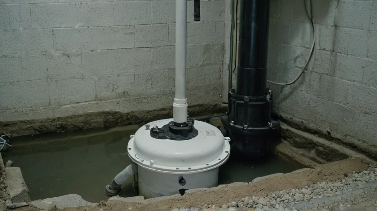 A sump pump sitting in a basement sump pit with its discharge pipe and float switch visible