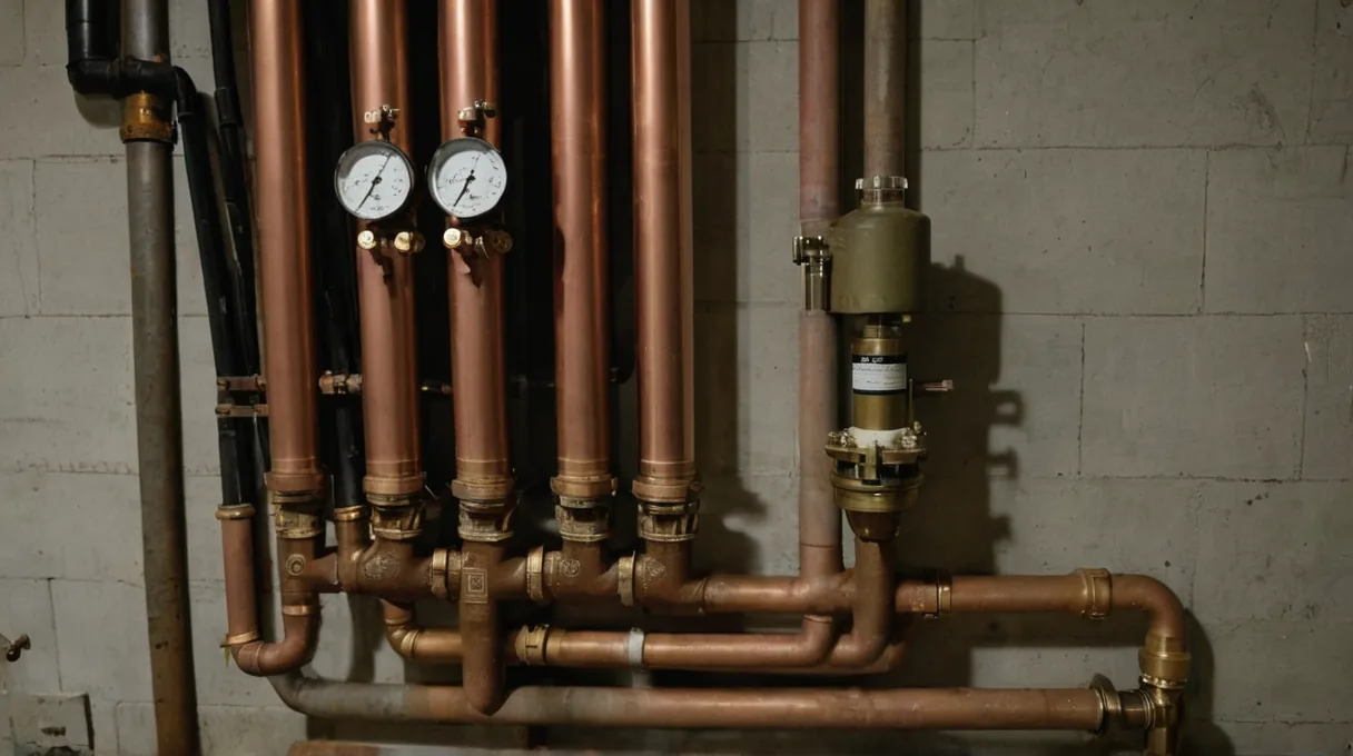 Copper heating pipes, brass isolation valves and pressure gauges on a basement boiler system