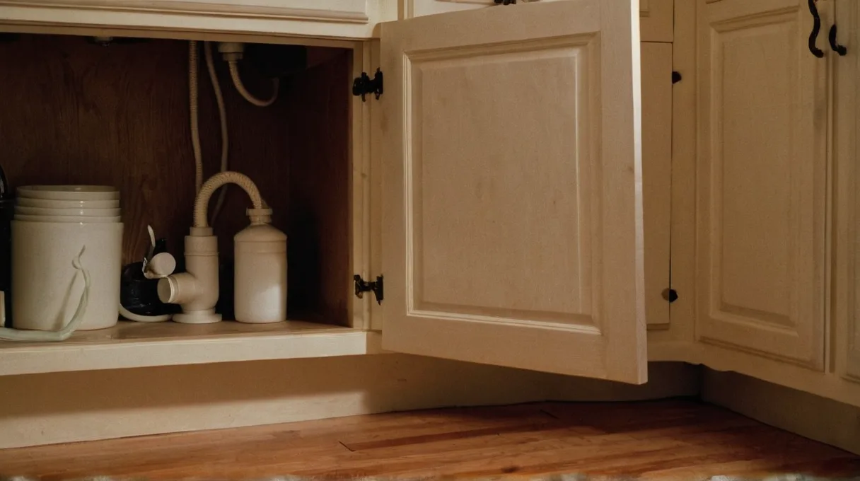 The open cabinet under a kitchen sink showing the white PVC P-trap and the shutoff valves