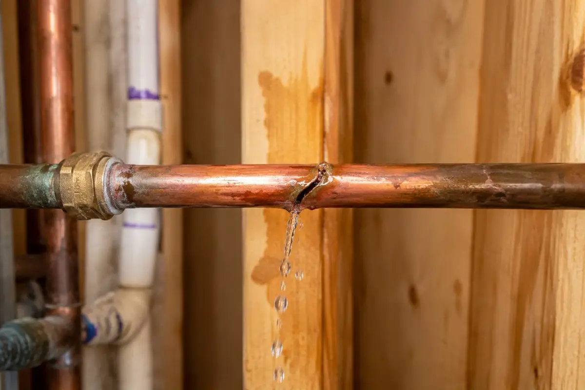 Burst copper pipe leaking inside an exposed wall cavity