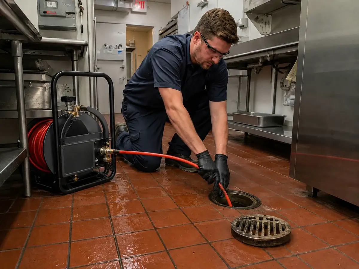 Johnson Bros technician hydro jetting a commercial floor drain